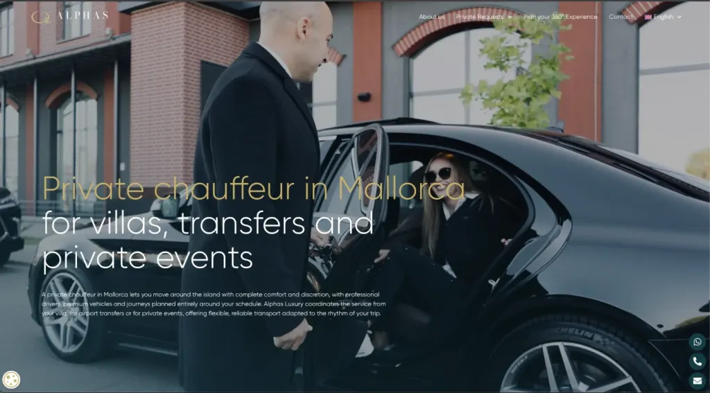 Página de chófer privado de Alphas Luxury en Mallorca, con el titular «Private chauffeur in Mallorca for villas, transfers and private events» sobre una foto a pantalla completa, el menú arriba y los botones flotantes de WhatsApp, teléfono y correo