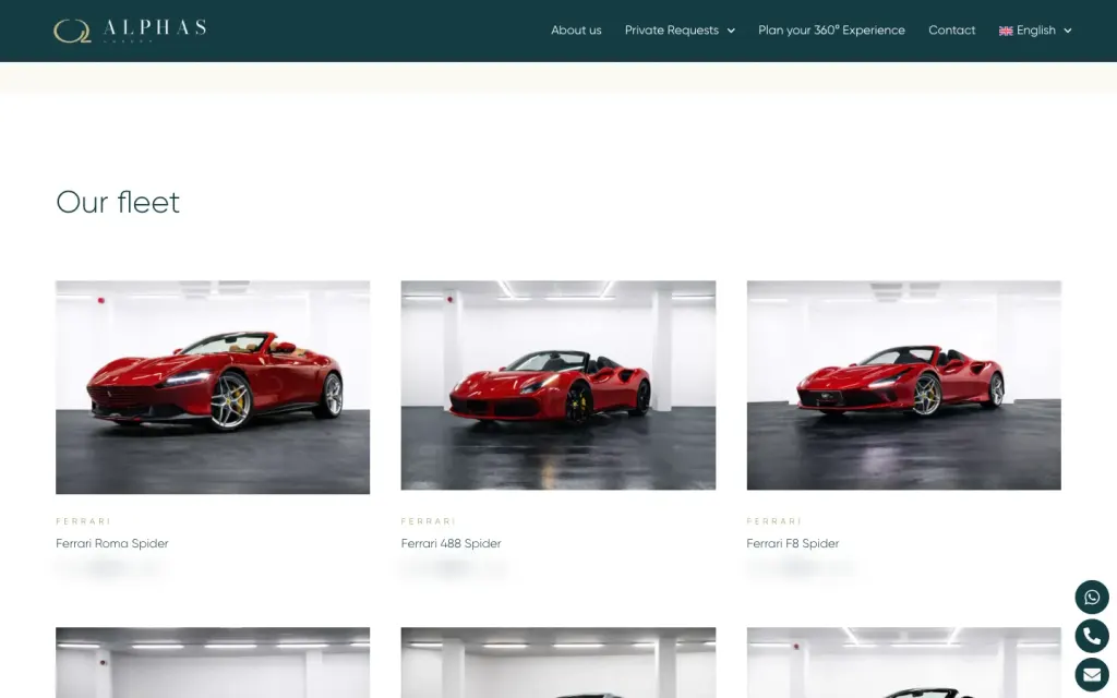 Página de alquiler de coches de lujo de Alphas Luxury, con la flota en tarjetas por marca y modelo (precios difuminados)