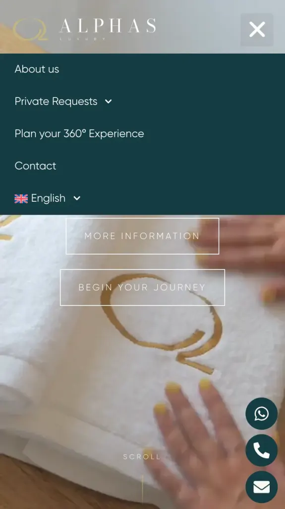 Menú desplegado de Alphas Luxury en el móvil, con el selector de idioma (inglés, español y alemán) al final