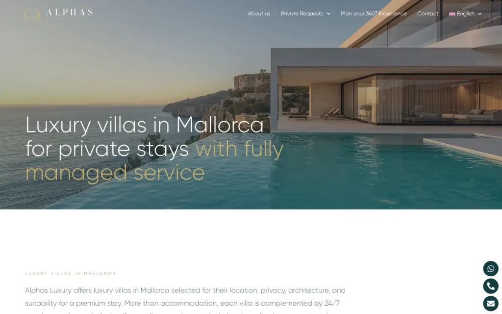 Página de villas de lujo de Alphas Luxury en Mallorca, con una villa frente al mar, su titular y la introducción