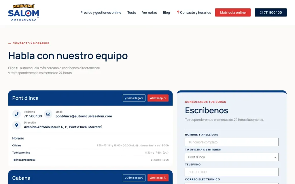 Página de contacto y horarios de Autoescuela Salom, con la oficina de Pont d’Inca, su horario y el formulario para elegir a qué oficina escribir