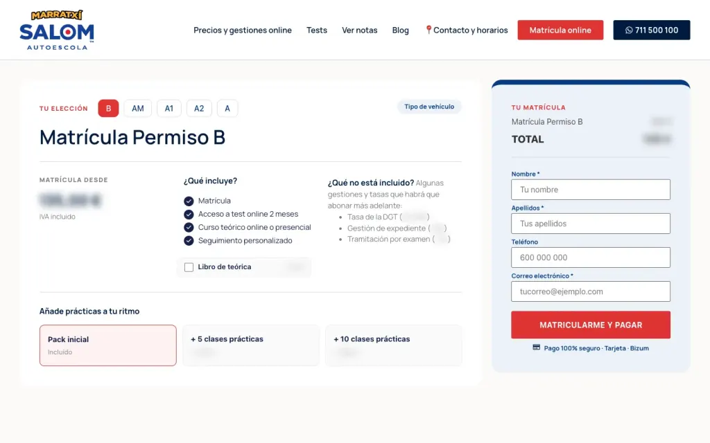 Ficha de matrícula online del permiso B de Autoescuela Salom, con las pestañas de permisos, lo que incluye y el resumen con el formulario de pago (importes difuminados)