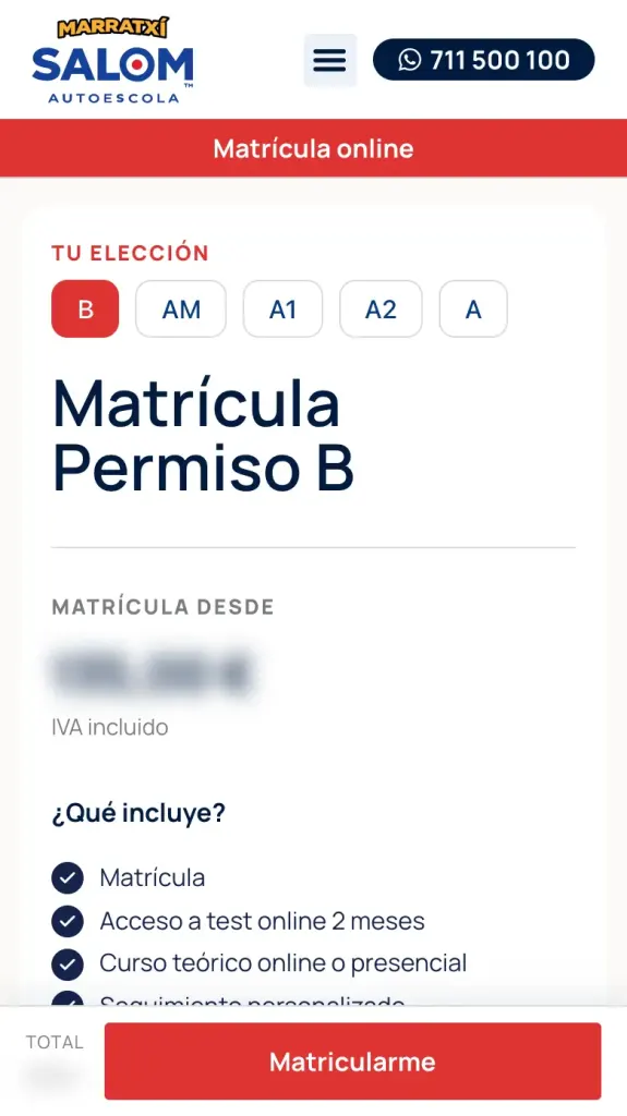 Ficha de matrícula del permiso B de Autoescuela Salom en el móvil, con los permisos para elegir y lo que incluye (importes difuminados)