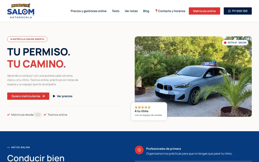 Portada de la web de Autoescuela Salom, en Marratxí, con «Tu permiso. Tu camino.», los botones Matrícula online y WhatsApp y el coche de prácticas