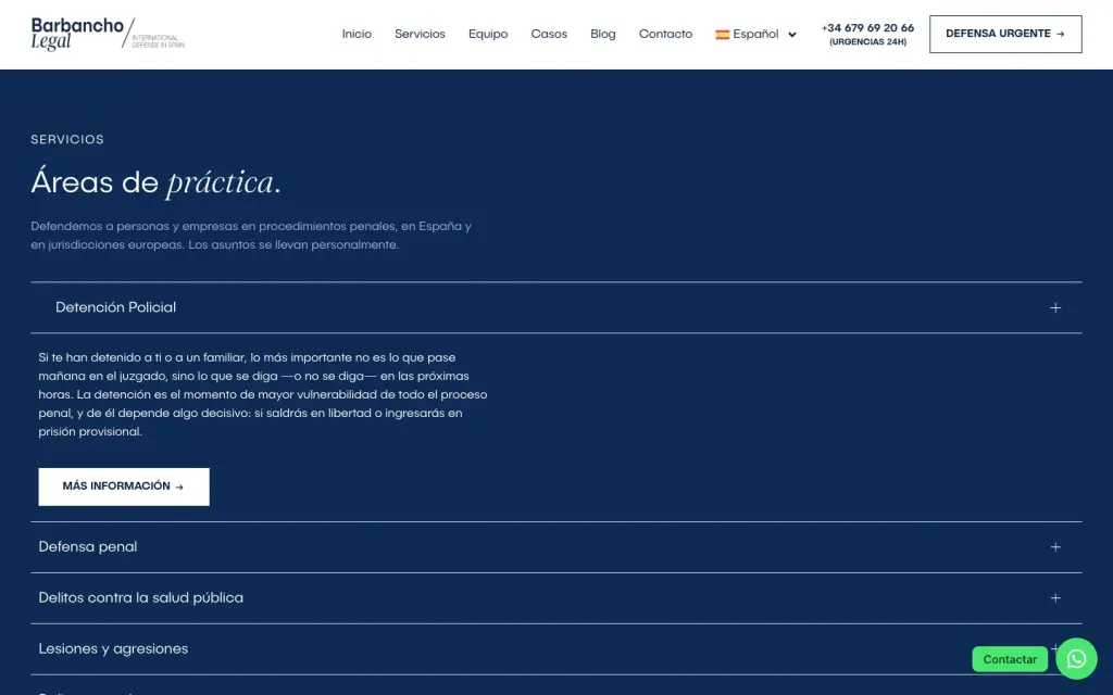 Sección de áreas de práctica de Barbancho Legal, con el acordeón de áreas abierto en Detención Policial y su botón Más información