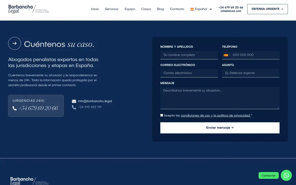 Formulario Cuéntenos su caso de Barbancho Legal, con el teléfono de urgencias 24 horas y el correo al lado