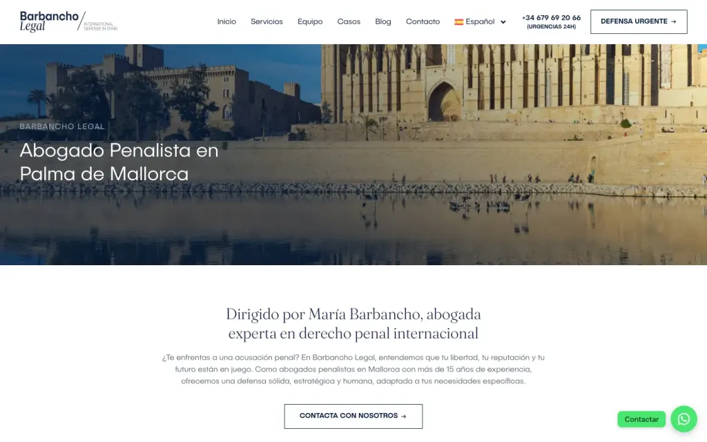 Página Abogado Penalista en Palma de Mallorca de Barbancho Legal, con una foto de Palma y el botón Contacta con nosotros