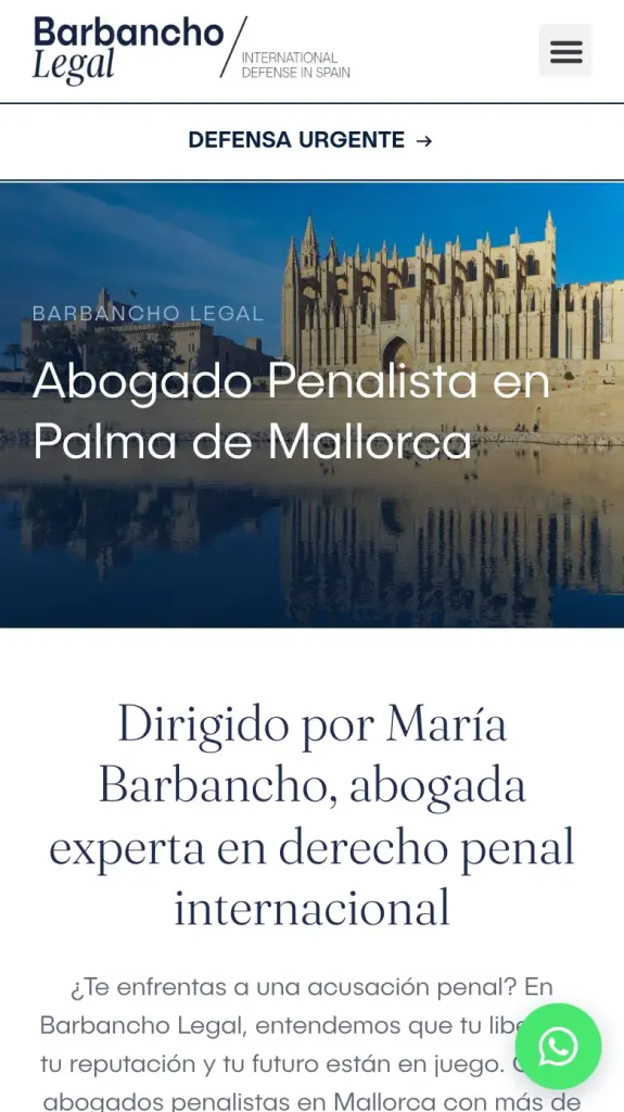 Página de abogado penalista en Palma de Mallorca de Barbancho Legal en el móvil, con el botón Defensa urgente bajo la cabecera