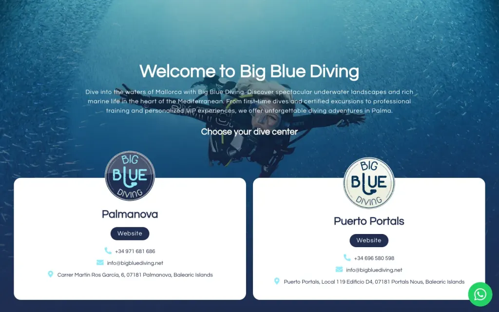 Portada de Big Blue Diving con sus dos centros de buceo en Mallorca: Palmanova y Puerto Portals