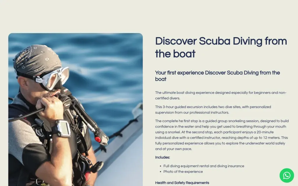 Ficha del curso Discover Scuba Diving desde el barco en la web de Big Blue Diving, con la descripción y lo que incluye