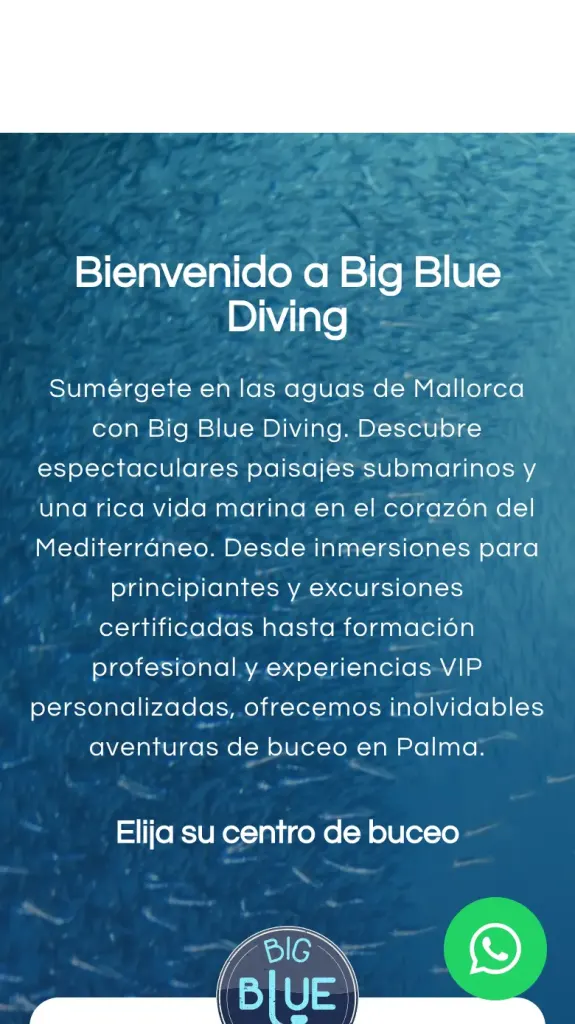 Portada de Big Blue Diving en el móvil, con la elección de centro