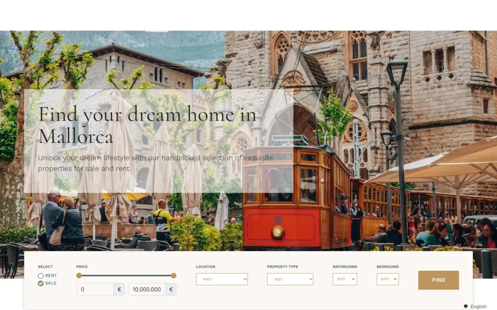 Buscador de propiedades de Casas Mallorca con filtros de alquiler o venta, precio, zona, tipo, baños y dormitorios
