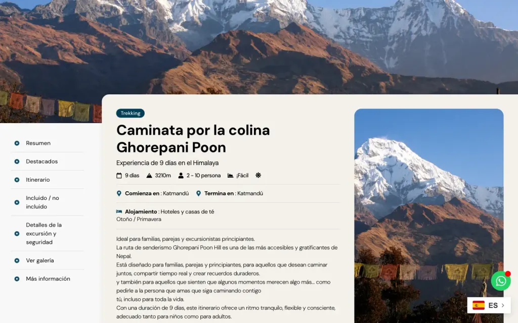 Ficha del trekking a Ghorepani Poon Hill en la web de Crest Summit Treks: días, altitud, grupo y menú de pestañas