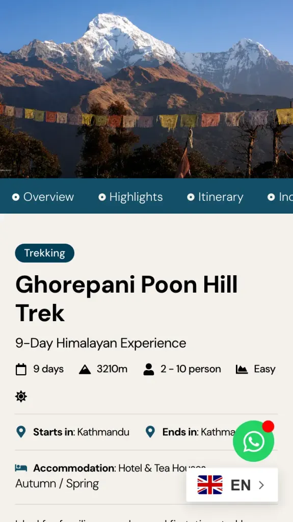 Ficha del trekking Ghorepani Poon Hill en el móvil, con pestañas y datos del viaje