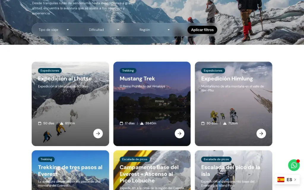 Listado de viajes de Crest Summit Treks con filtros por tipo de viaje, dificultad y región