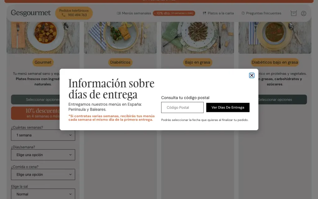 Ventana de información sobre días de entrega de Gesgourmet, con la consulta por código postal