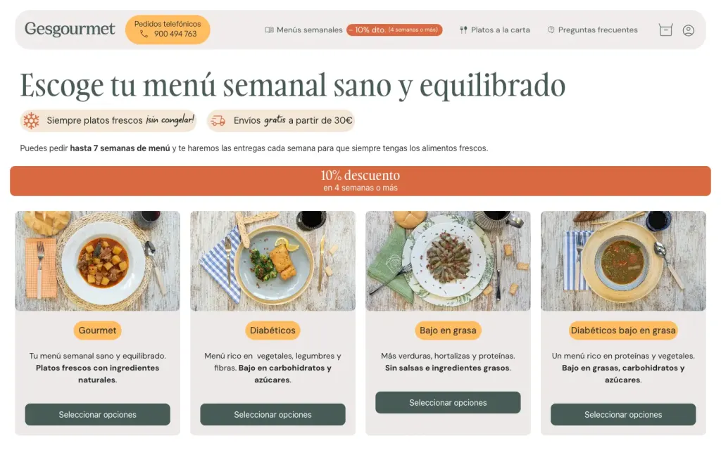 Página de menús semanales de Gesgourmet con los menús Gourmet, Diabéticos, Bajo en grasa y Diabéticos bajo en grasa