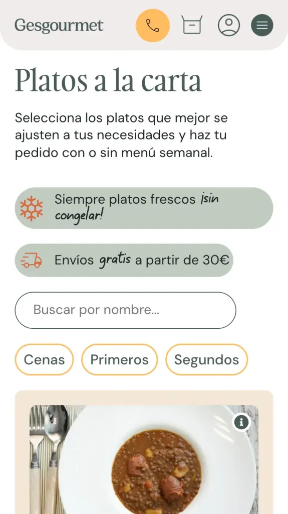 Platos a la carta de Gesgourmet en el móvil, con buscador por nombre y filtros de cenas, primeros y segundos