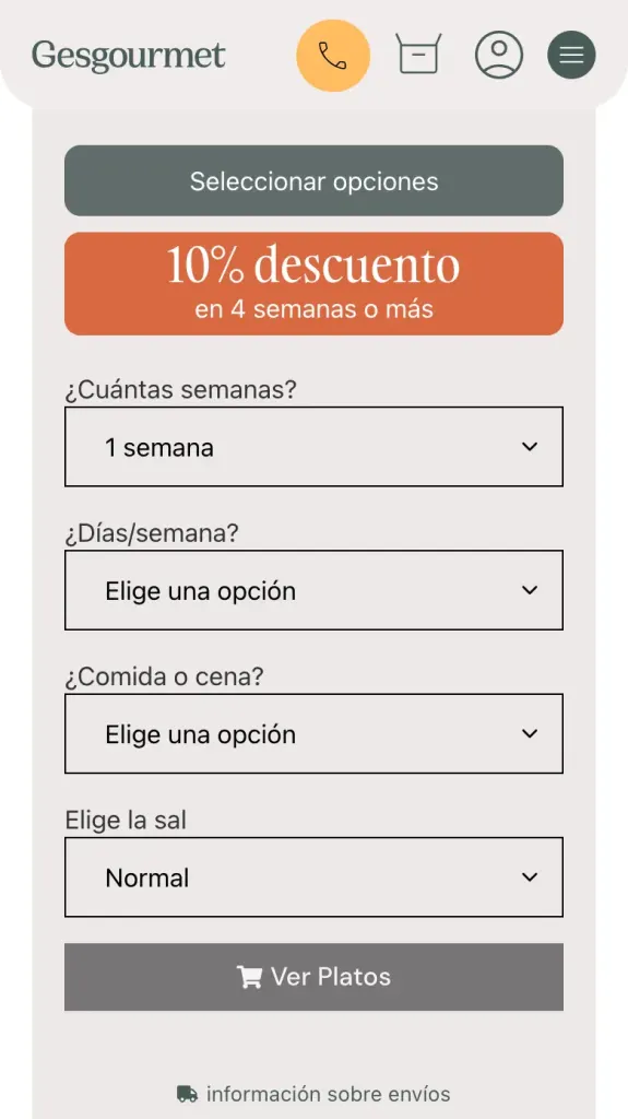 Configurador del menú semanal de Gesgourmet en el móvil: semanas, días por semana, comida o cena y nivel de sal