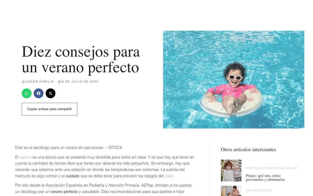Artículo «Diez consejos para un verano perfecto» en Hacer Familia, con otros artículos interesantes al lado