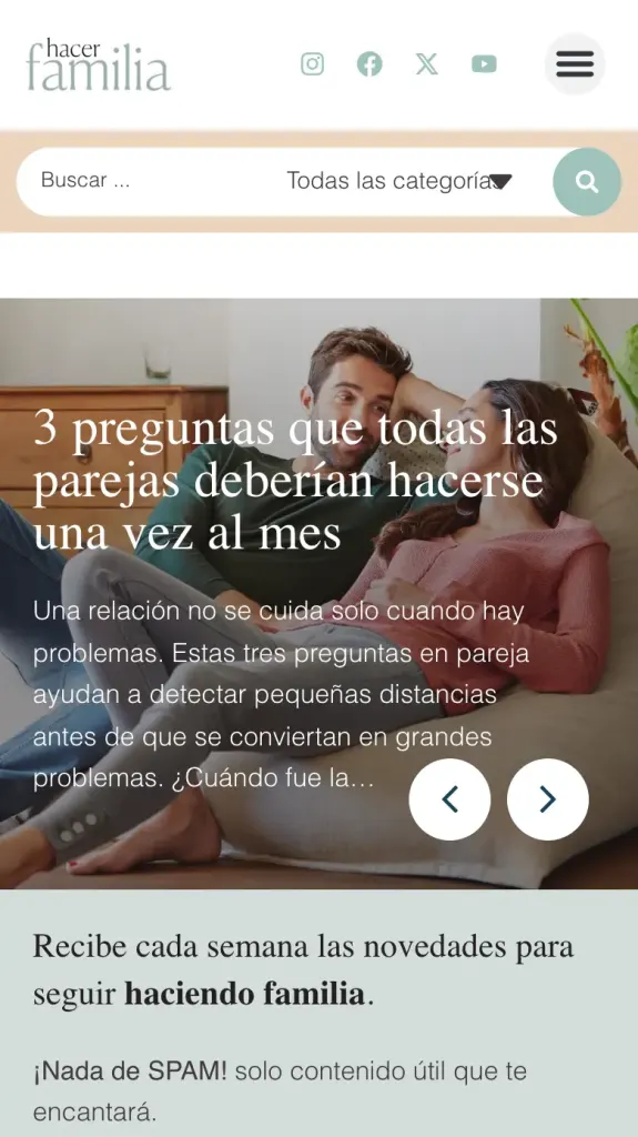 Portada de Hacer Familia en el móvil, con buscador y newsletter
