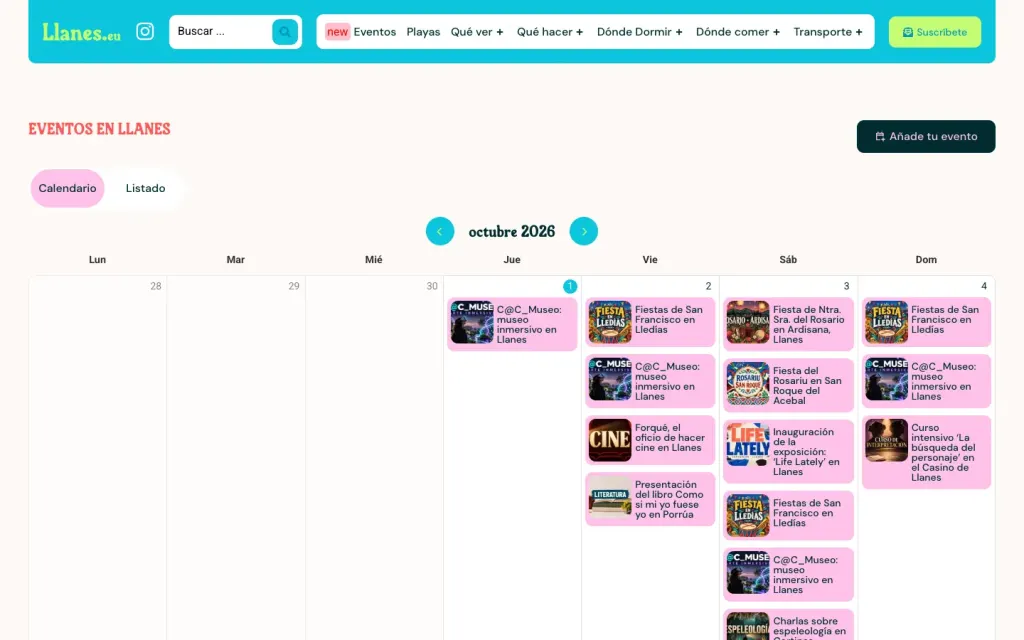 Agenda de eventos de Llanes.eu en vista de calendario mensual, con las fiestas, exposiciones y actividades de cada día