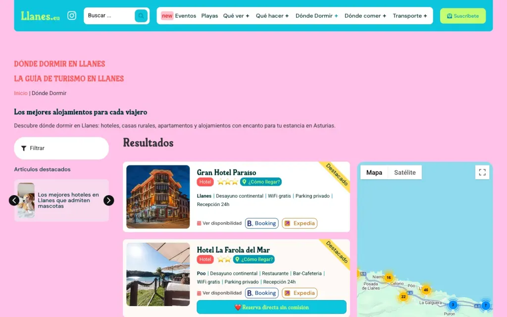 Listado de alojamientos de Llanes.eu con filtros, fichas destacadas, botones de Booking y Expedia y el mapa del concejo a la derecha
