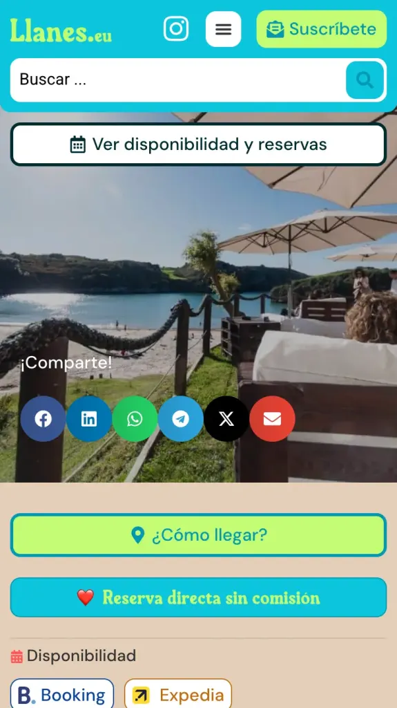 Ficha de un hotel de Llanes en el móvil con los botones Cómo llegar, Reserva directa sin comisión, Booking y Expedia