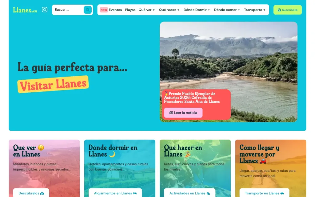 Portada de Llanes.eu, la guía turística de Llanes, con el buscador, el menú de la guía y las secciones qué ver, dónde dormir, qué hacer y cómo llegar