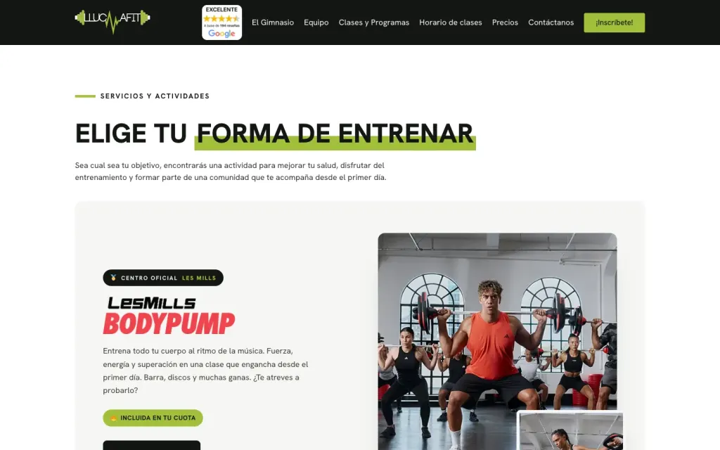 Página de clases y programas de Llucmafit, con la tarjeta de la clase oficial Les Mills Bodypump