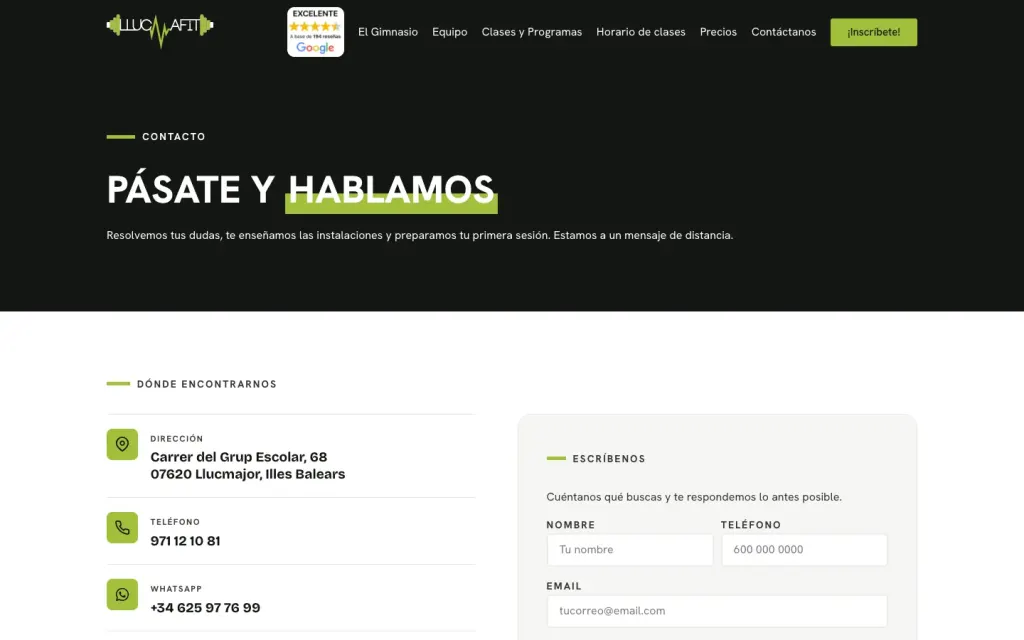 Página de contacto de Llucmafit, con la dirección, el teléfono y el WhatsApp a la izquierda y el formulario a la derecha