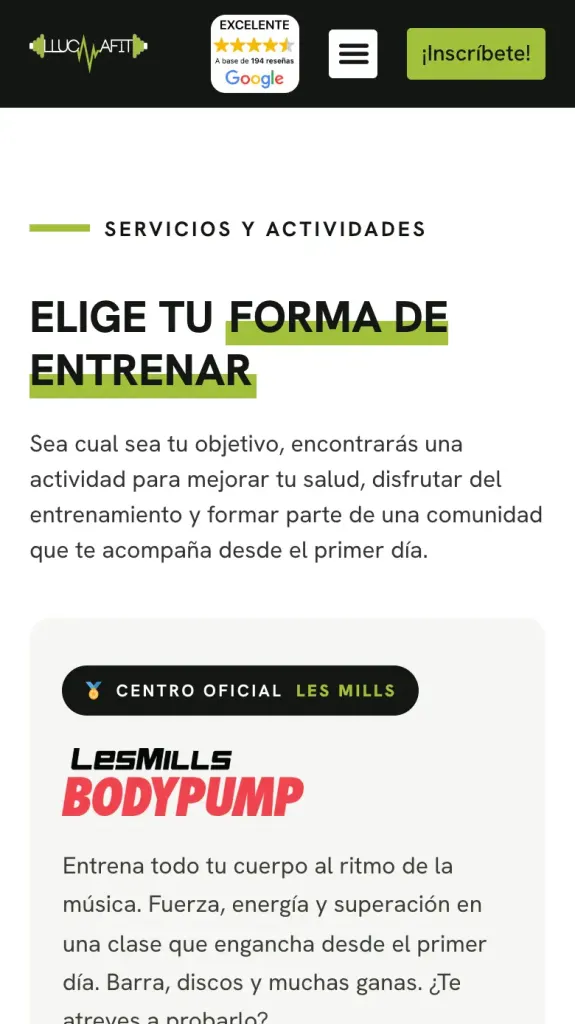 Página de clases y programas de Llucmafit en el móvil