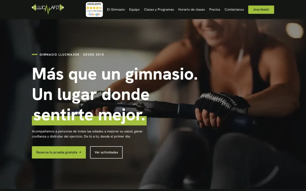 Portada de la web del gimnasio Llucmafit, en Llucmajor, con «Más que un gimnasio» y los botones Reserva tu prueba gratuita y Ver actividades