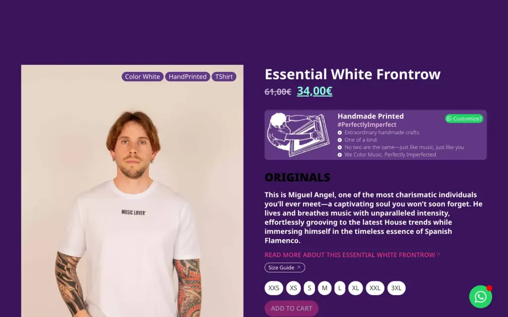 Ficha de la camiseta Essential White Frontrow en la tienda de Music Lover Brand, con precio, tallas y botón de compra
