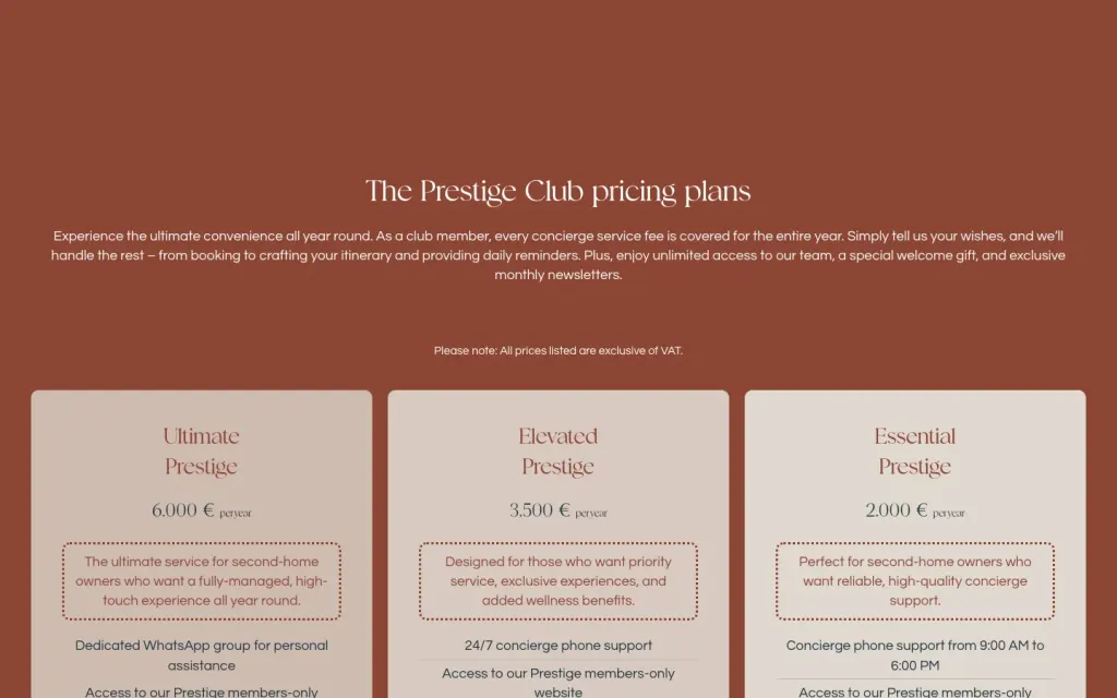 Planes del club Prestige de Nina & Rocky: tres niveles de membresía anual, Ultimate, Elevated y Essential