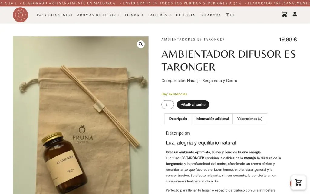 Ficha del ambientador difusor Es Taronger en la tienda de Pruna Natural, con precio, composición y botón de añadir al carrito