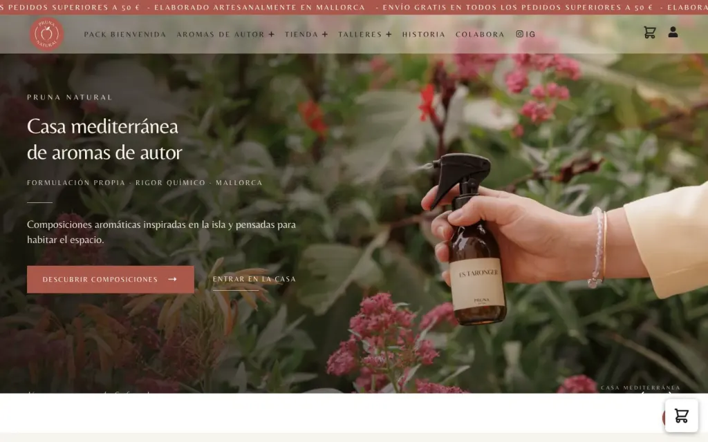Portada de la tienda online de Pruna Natural, aromaterapia artesana hecha en Mallorca