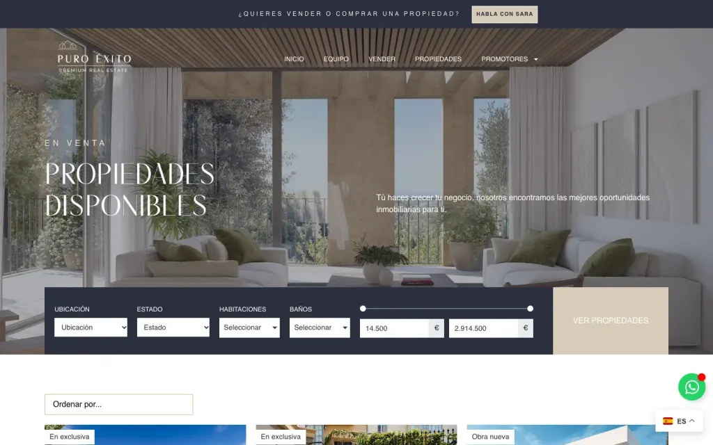 Página de propiedades de Puro Éxito Real Estate con el buscador por ubicación, habitaciones y precio