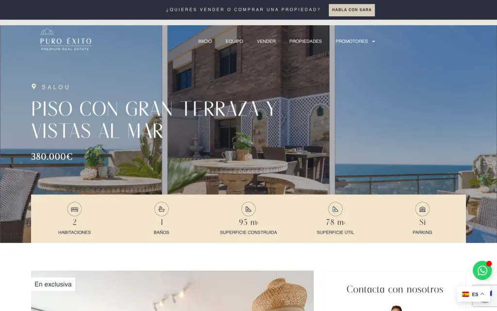 Ficha de un piso con gran terraza y vistas al mar en la web de Puro Éxito, con precio, habitaciones, baños y metros