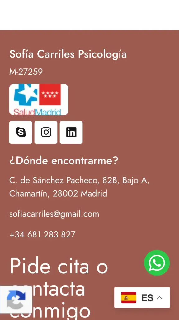 Datos de contacto y dirección de la consulta de Sofía Carriles en Madrid, en el móvil