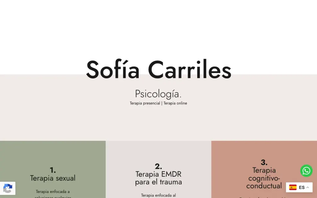 Portada de la web de Sofía Carriles Psicología con sus tres terapias: sexual, EMDR para el trauma y cognitivo-conductual