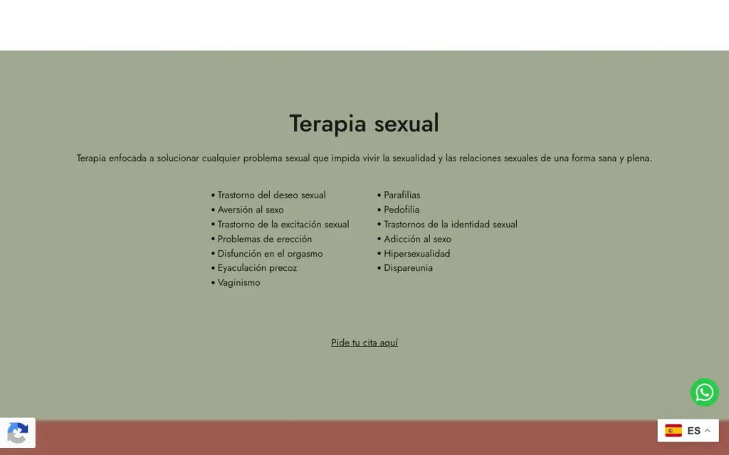 Página de terapia sexual de Sofía Carriles Psicología con los problemas que trata