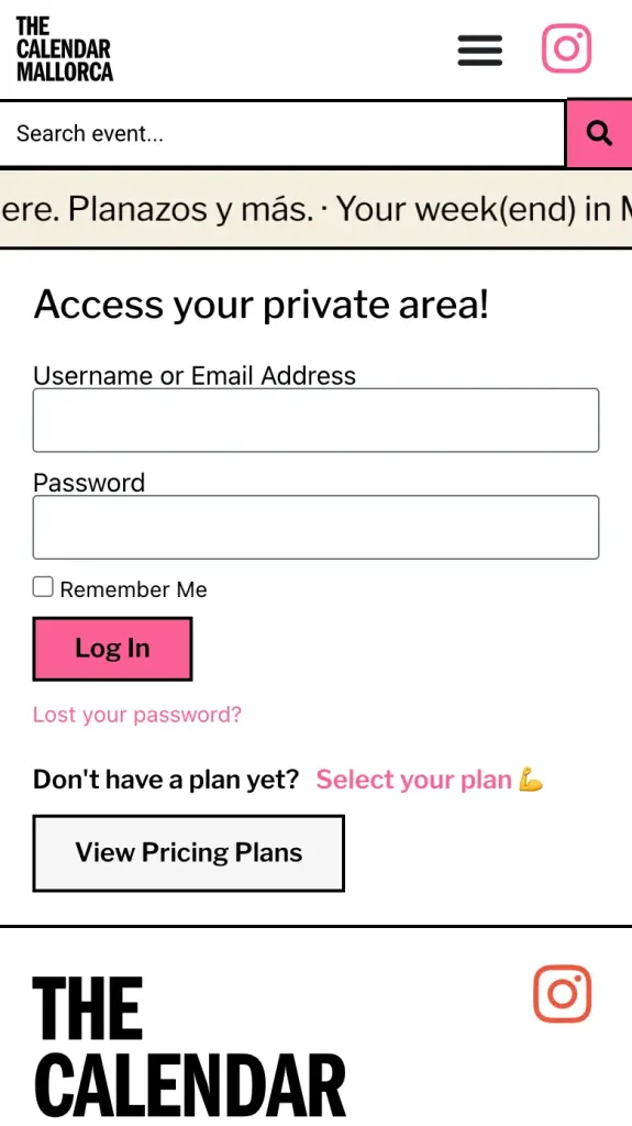 Acceso al área privada de The Calendar Mallorca en el móvil, con el enlace a los planes para publicar eventos