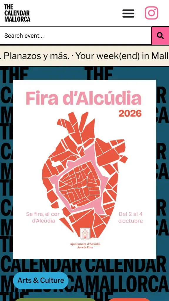 Ficha de la Fira d’Alcúdia 2026 en The Calendar Mallorca, vista en el móvil, con sus categorías