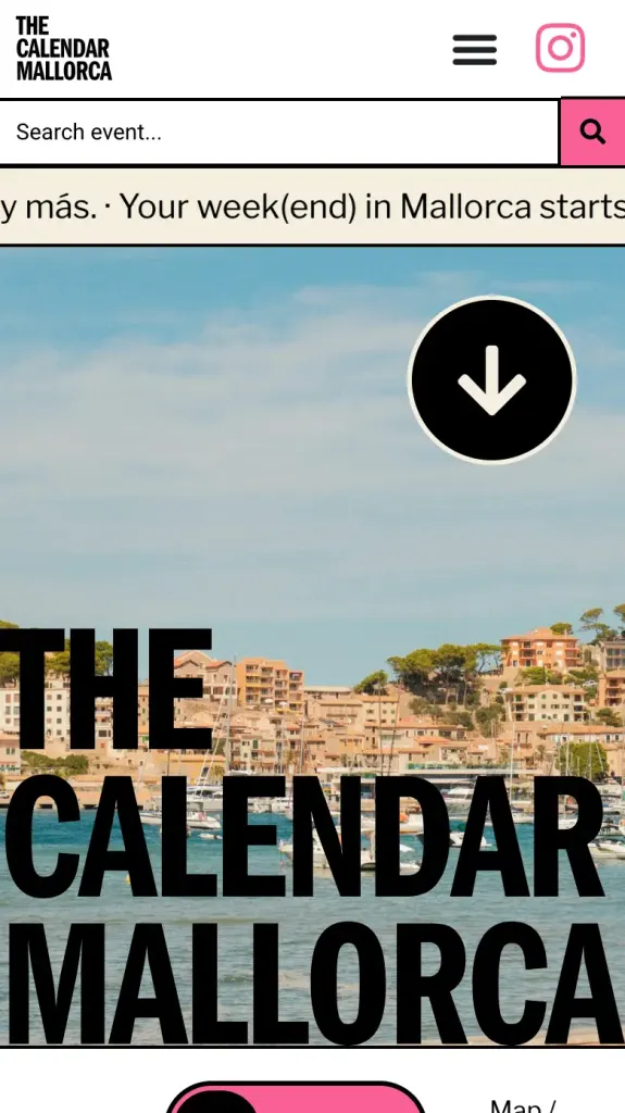 Portada de The Calendar Mallorca en el móvil, con el buscador de eventos bajo el menú