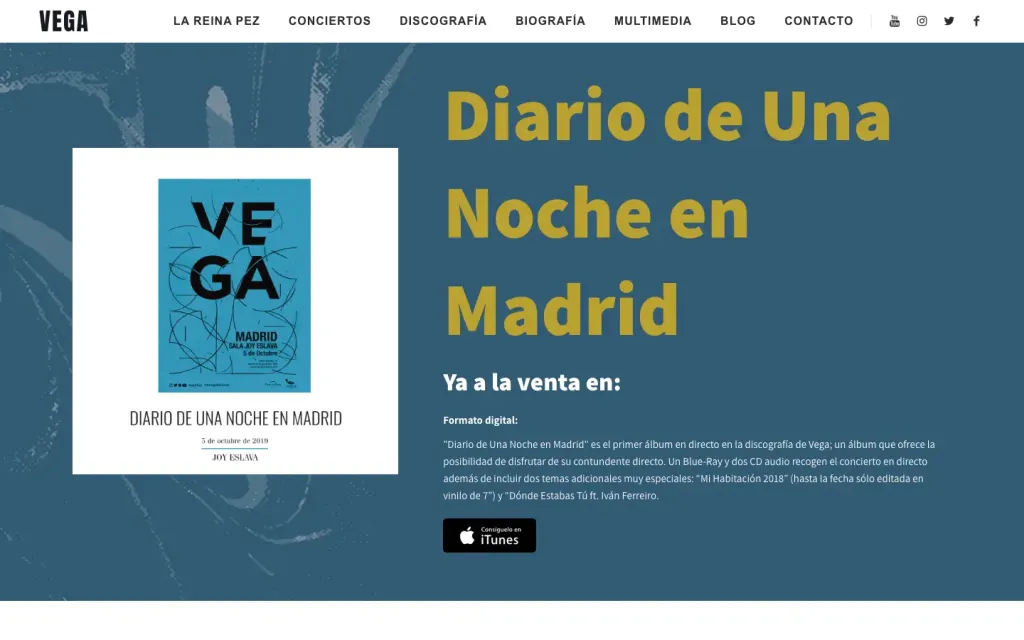 Antes: la web oficial de Vega en 2020, con la portada dedicada a «Diario de una noche en Madrid» (captura de archive.org)