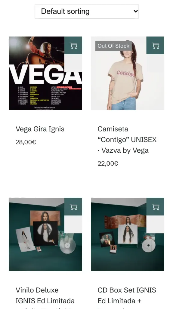 Tienda de Vega en el móvil con la gira IGNIS y la camiseta «Contigo»