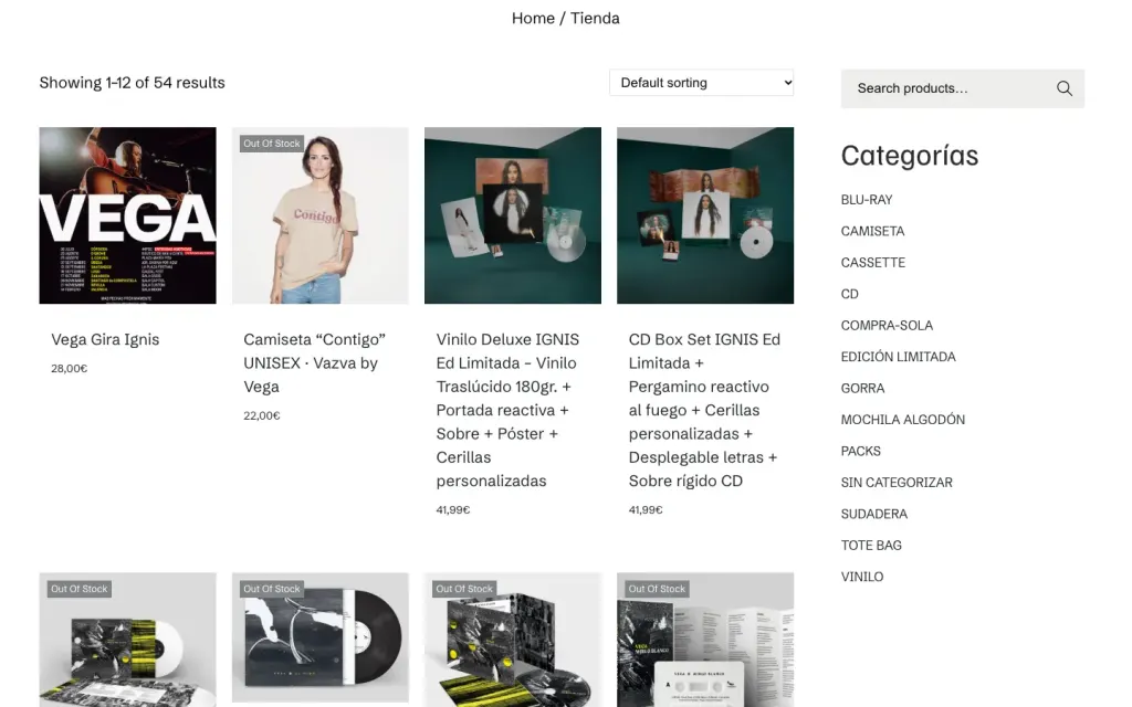 Tienda online de Vega: 54 productos con buscador y categorías como CD, vinilo, camisetas o sudaderas