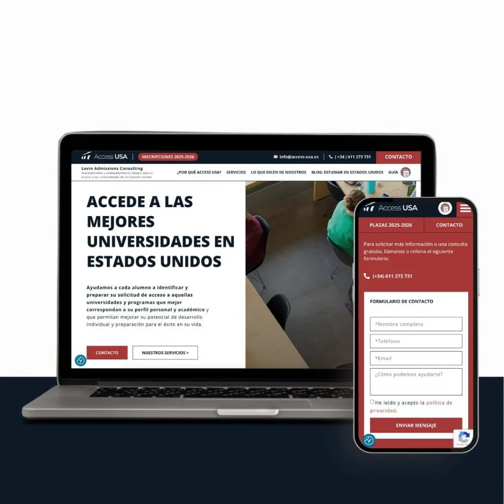 Web de Access USA en portátil y móvil: portada sobre estudiar en universidades de Estados Unidos y formulario de contacto