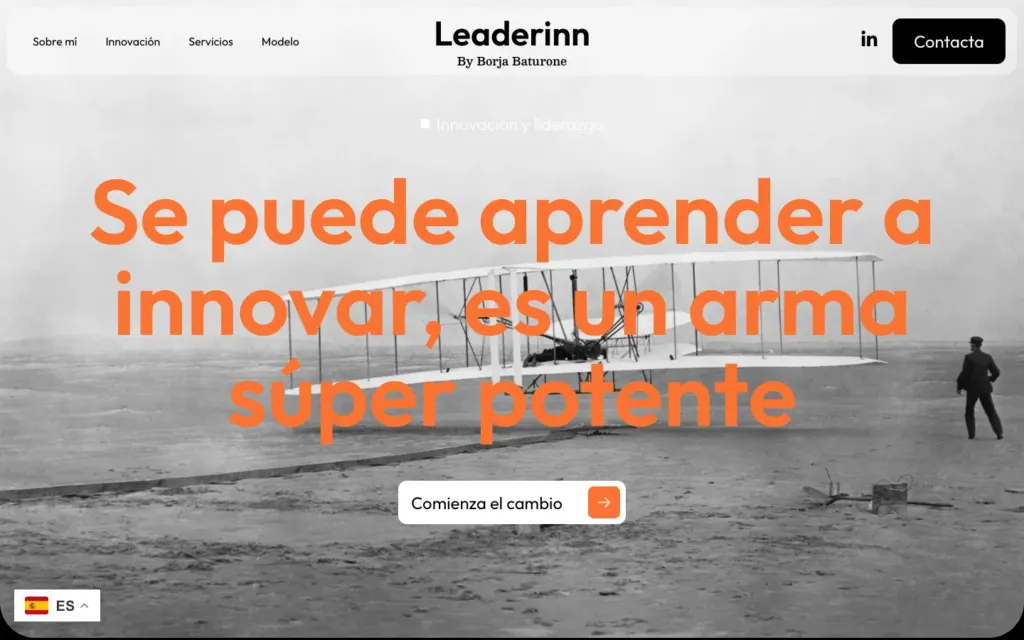 Portada de la web de LeaderInn by Borja Baturone, con el titular «Se puede aprender a innovar, es un arma súper potente» sobre una foto antigua de un avión